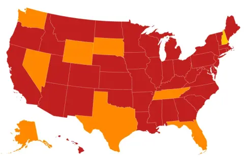 Map of the US showing states with no state tax in orange: Alaska, Florida, Nevada, New Hampshire, South Dakota, Tennessee, Texas, Washington, Wyoming.