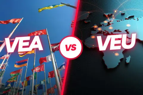 Flags of many nations fly under a blue sky, juxtaposed with a world map highlighting continents and connections, with "VEA" and "VEU" text overlays.