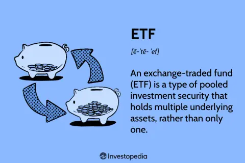 Two piggy banks with coins, connected by arrows, illustrate how ETFs diversify investments, making them a potentially safe way to grow your money.