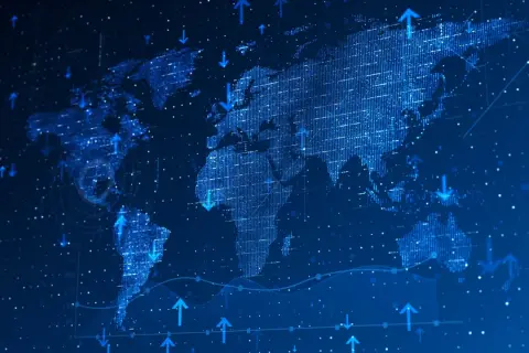Digital world map with rising and falling arrows, suggesting global market trends and the VSS ETF's reach.