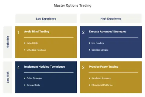 Master Options Trading matrix shows strategies for low/high risk and experience levels. Learn to avoid blind trading, execute advanced strategies, implement hedging, and practice paper trading.