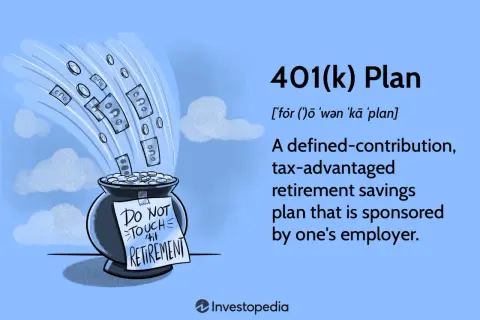 Money flows into a pot labeled "Do Not Touch 'til Retirement," illustrating how a 401(k) plan works as a tax-advantaged savings vehicle.