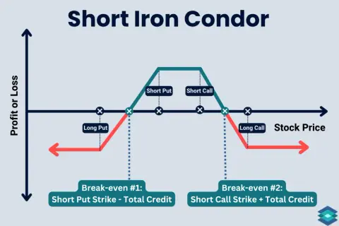 Profit/loss graph for a short iron condor strategy, showing limited profit and loss zones.
