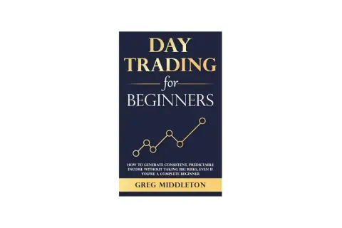 Book cover for "Day Trading for Beginners" by Greg Middleton, featuring a gold line graph on a navy background.