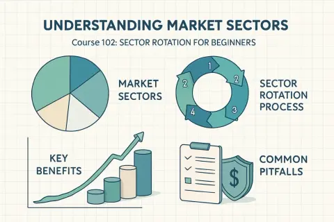 Visual guide to understanding market sectors, including a pie chart, sector rotation process, key benefits graph, and common pitfalls.