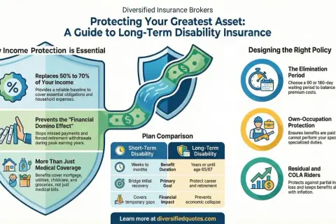 Infographic explaining what is disability insurance, its benefits like income replacement, and how to design a policy.