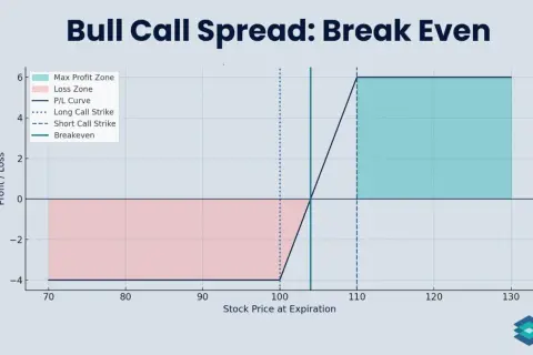 A bull call spread graph shows profit/loss zones and a P/L curve. The breakeven point is at approximately 105.