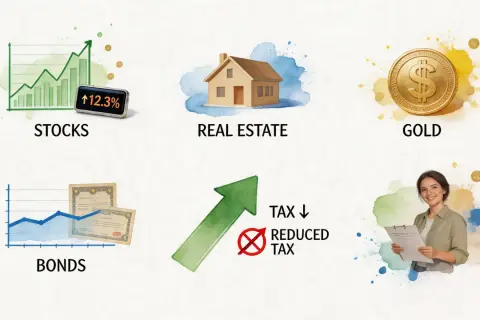 Invest in stocks, real estate, bonds, and gold to reduce taxable income. A woman reviews documents, symbolizing financial planning.