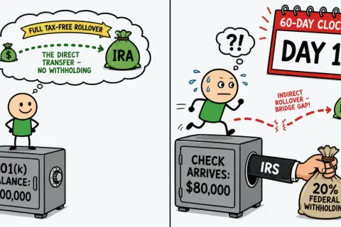 A person dreams of a tax-free 401(k) rollover. The reality involves a stressful 60-day clock, a check with 20% federal withholding, and a frantic rush to complete the indirect rollover.