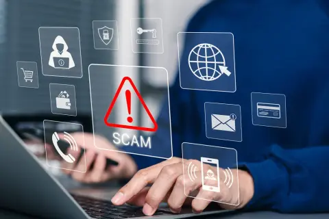 Rachel Wilson at Morgan Stanley is wary of online scams, as indicated by the prominent "SCAM" alert and icons for security, shopping, and communication.