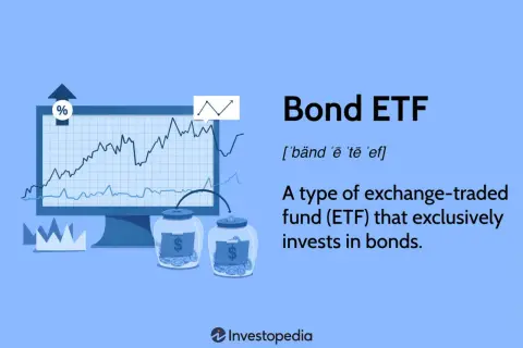 Illustration defining Bond ETF, showing a graph on a monitor and jars of coins, representing investments in bonds.