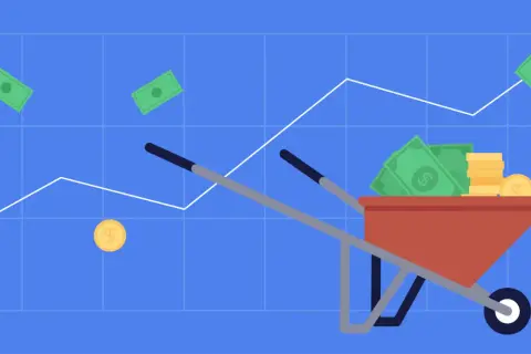 A wheelbarrow full of cash and coins on a graph, illustrating how dividends are taxed.