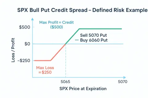 SPX Bull Put Credit Spread graph showing max profit of $500 and max loss of $250, achieved by selling a 5070 Put and buying a 6060 Put.