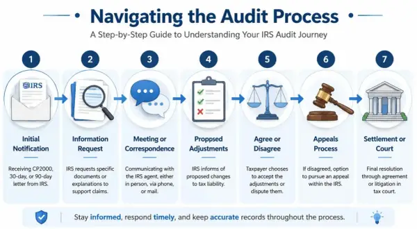 Infographic details the 7 steps of an IRS audit, from initial notification to settlement or court. Understanding what is an IRS audit is key to navigating this process.