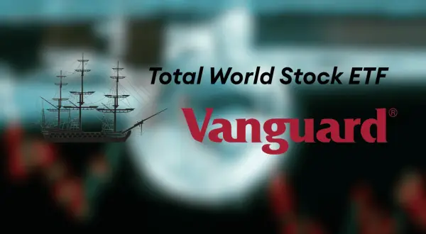 A silhouette of a tall ship sails across a blurred background, with "Total World Stock ETF" and the Vanguard logo.