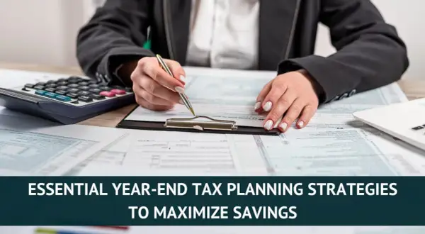 Hands reviewing tax forms with a calculator and laptop, emphasizing year-end tax planning for maximum savings.