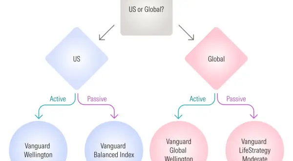 Flowchart showing investment choices: US or Global, then Active or Passive, leading to funds like Vanguard Wellington and Vanguard Balanced Index.