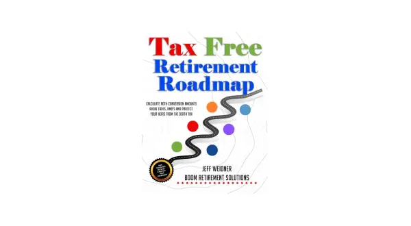 Tax Free Retirement Roadmap" book cover. It details how to calculate Roth conversion amounts, avoid taxes, RMDs, and protect heirs from death tax.