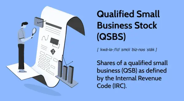 Illustration of a person examining a document about qualified small business stock (QSBS), with charts and a dollar sign.