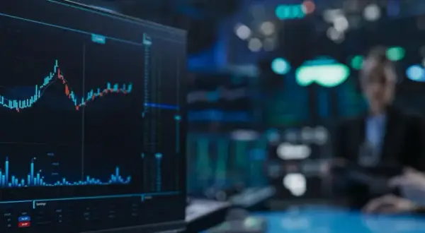 A stock market graph on a screen, with two blurred figures in suits in the background, possibly discussing a Morgan Stanley IPO.
