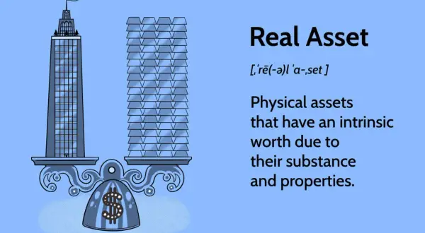 A scale balances two buildings, representing a real asset investment. A dollar sign is on the scale's base.