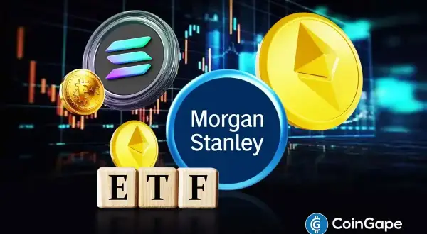 Bitcoin, Ethereum, and Solana coins surround the "Morgan Stanley ETFs" logo, with "ETF" spelled out on wooden blocks.