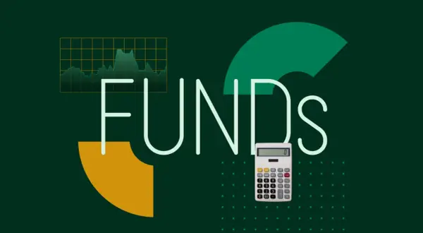 A calculator and a stock chart are shown next to the word "FUNDS," symbolizing investment and financial planning for your vo etf.