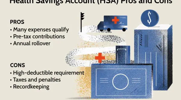 Infographic detailing HSA pros like pre-tax contributions and cons like high-deductible requirements, with a stylized ambulance and money box.