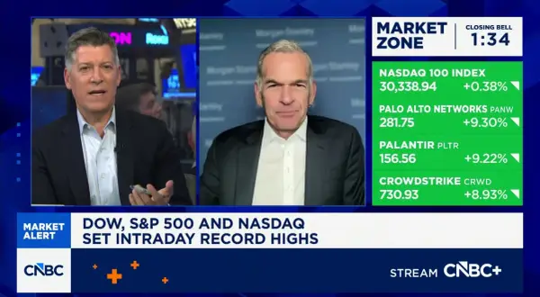 Andrew Slimmon discusses market highs on CNBC, with stock tickers like Palo Alto Networks and Palantir showing significant gains.