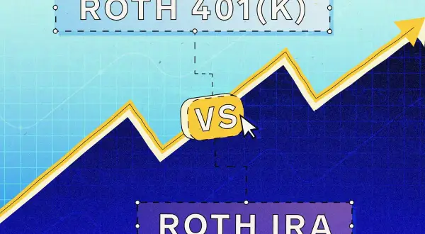Comparing Roth 401(k) vs. Roth IRA. A rising graph shows growth potential for both retirement savings options.