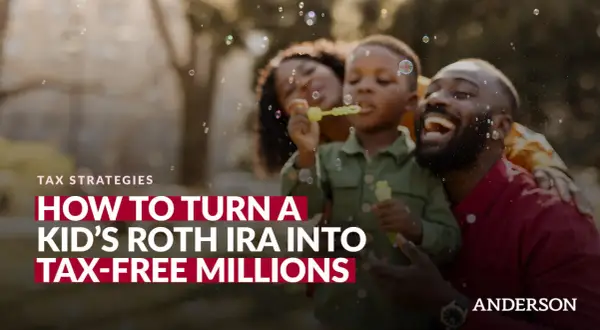 A family enjoys blowing bubbles, with text overlaying the image: "How to Turn a Kid's Roth IRA into Tax-Free Millions.