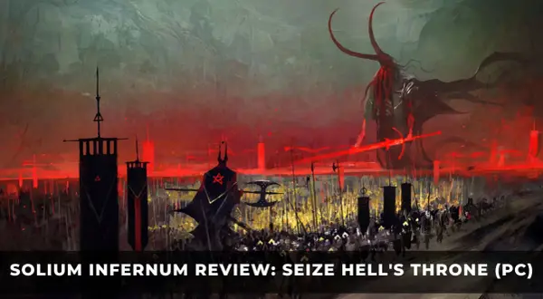A demonic army marches under a blood-red sky in Solium Inc. infernum. A towering demon with horns leads the charge.