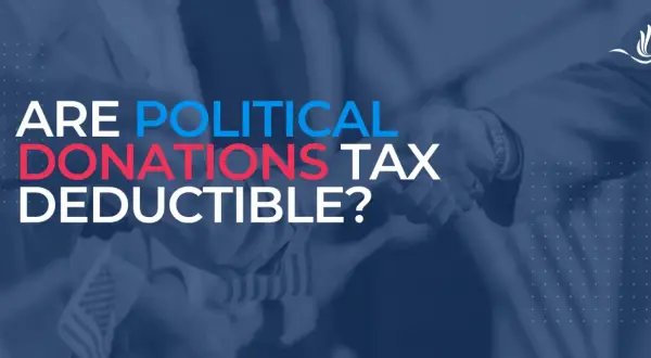 Text overlay asks: ARE POLITICAL DONATIONS TAX DEDUCTIBLE? Blurred background shows two people shaking hands.