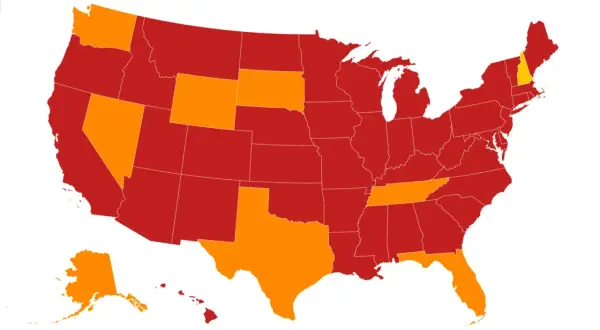 Map of the US showing states with no state tax in orange: Alaska, Florida, Nevada, New Hampshire, South Dakota, Tennessee, Texas, Washington, Wyoming.
