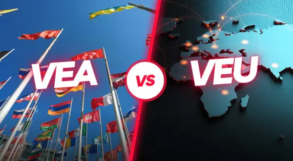 Flags of many nations fly under a blue sky, juxtaposed with a world map highlighting continents and connections, with "VEA" and "VEU" text overlays.
