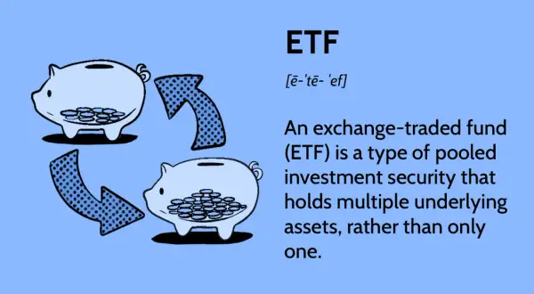 Two piggy banks with coins, connected by arrows, illustrate how ETFs diversify investments, making them a potentially safe way to grow your money.