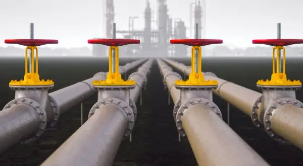 Rows of industrial pipes with red and yellow valves stretch towards a hazy refinery, symbolizing Morgan Stanley infrastructure.