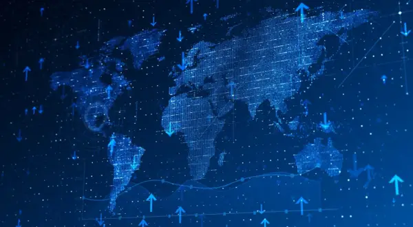 Digital world map with rising and falling arrows, suggesting global market trends and the VSS ETF's reach.