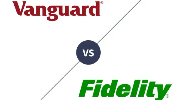 Vanguard vs. Fidelity logos with "VS" in the middle. Comparing Vanguard IRA fees and Fidelity IRA fees.