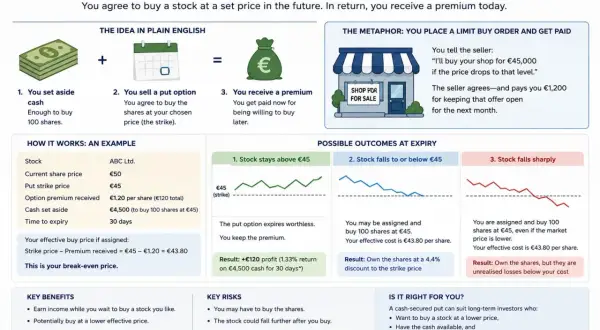 A cash-secured put strategy explained: set aside cash, sell a put option, receive a premium. Example shows buying 100 shares at €45.