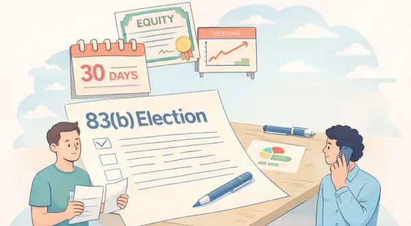 Two men discuss an 83(b) election form, with a calendar showing 30 days, equity certificate, and vesting chart in the background.
