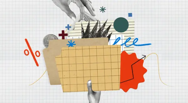 Hands interact with financial elements like money and charts, symbolizing the growth potential of the State Farm growth fund.