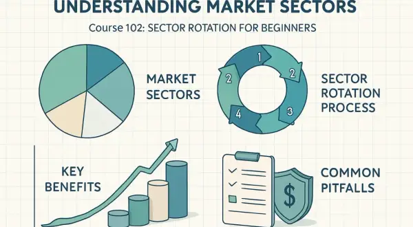 Visual guide to understanding market sectors, including a pie chart, sector rotation process, key benefits graph, and common pitfalls.