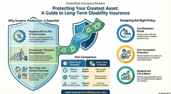 Infographic explaining what is disability insurance, its benefits like income replacement, and how to design a policy.