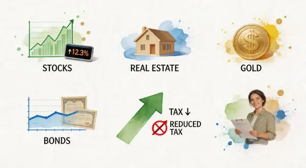 Invest in stocks, real estate, bonds, and gold to reduce taxable income. A woman reviews documents, symbolizing financial planning.