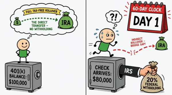 A person dreams of a tax-free 401(k) rollover. The reality involves a stressful 60-day clock, a check with 20% federal withholding, and a frantic rush to complete the indirect rollover.