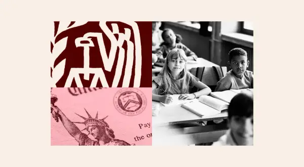 Children in a classroom, with imagery of the IRS and Statue of Liberty, hinting at the 2026 child tax credit.