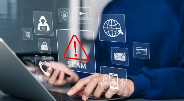 Rachel Wilson at Morgan Stanley is wary of online scams, as indicated by the prominent "SCAM" alert and icons for security, shopping, and communication.