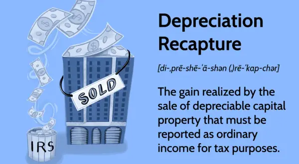 Building sold, money flying into an IRS bin. Explains depreciation recapture tax rate.