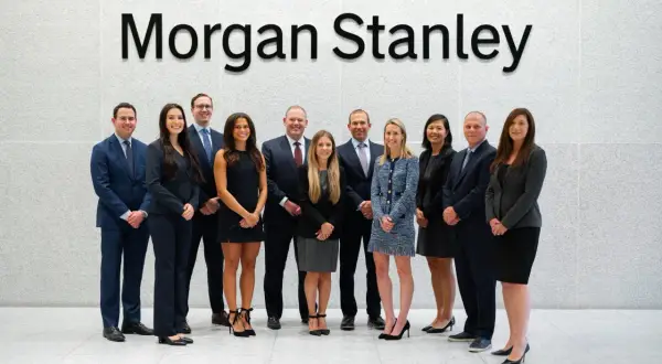 A diverse team of professionals stands in front of the "Morgan Stanley" logo, likely discussing complex financial instruments like Morgan Stanley CDS.